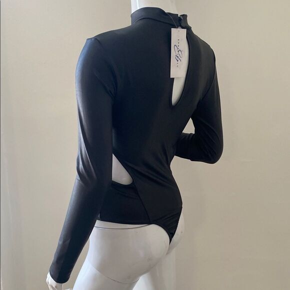 Dolls Kill Endless Blu Long Sleeve Shiny Leather Look Bodysuit w Side Cutouts - Picture 2 of 7